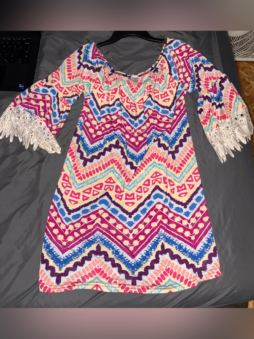 WinWin Girls Chevron Print Dress in Pink, Purple, Blue and Cream